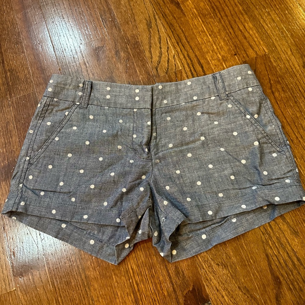 J. crew chambray shorts with white polka dots.